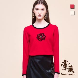 【TOWN’WEAR 棠葳】高雅山茶花針織上衣 2色(中大尺碼/女上衣/女上著/撞色/拼接/印圖/鑽飾/休閒)