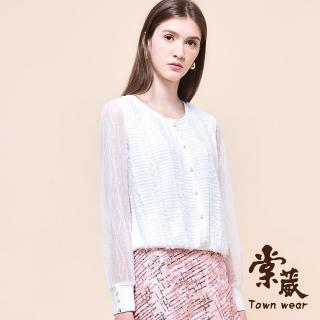 【TOWN’WEAR 棠葳】清新珍珠透膚袖上衣(中大尺碼/女上衣/女上著/格紋/素色/拼接/蕾絲/長袖)