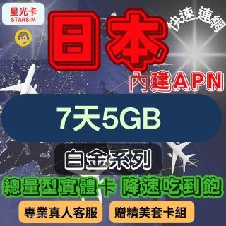 【星光卡 STAR SIM】白金日本上網絡卡7天5GB總量 用完降速吃到飽(旅遊上網絡卡 日本 網絡卡 日本網路)