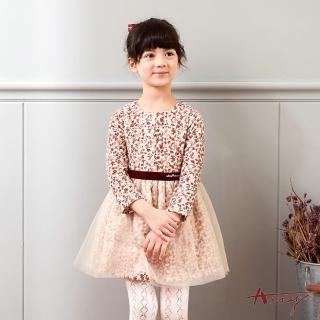 【ANNY’S 安妮公主】童裝 豔紅小花網紗拼接秋冬款長袖洋裝(9608紅)