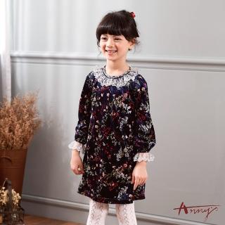 【ANNY’S 安妮公主】童裝 搶眼花卉高階植絨氣質蕾絲領秋冬款長袖洋裝(9614藍色)
