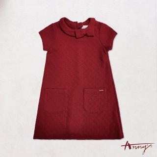 【ANNY’S 安妮公主】童裝 圓點壓紋蝴蝶結領雙口袋秋冬款短袖洋裝(9624紅色)