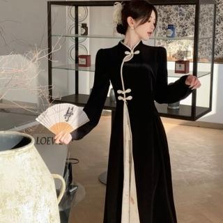【巴黎精品】現貨+預購 連身裙長袖洋裝(新中式新中式改良旗袍氣質顯瘦女裙子黑色w1af47)
