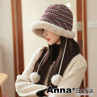 【AnnaSofia】保暖毛帽漁夫帽盆帽-加厚短毛絨圈邊垂球(酒紅底圖騰系)
