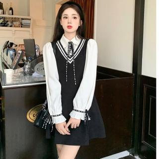 【巴黎精品】現貨+預購 連身裙長袖洋裝(學院風POLO領拼接撞色女裙子黑色w1af39)