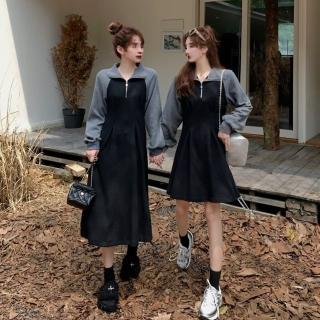 【巴黎精品】現貨+預購 連身裙長袖洋裝(學院風拼色POLO領女裙子2色w1af19)