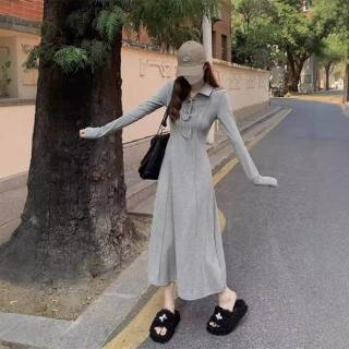 【巴黎精品】現貨+預購 連身裙長袖洋裝(慵懶風綁帶POLO領針織女裙子灰色w1af44)
