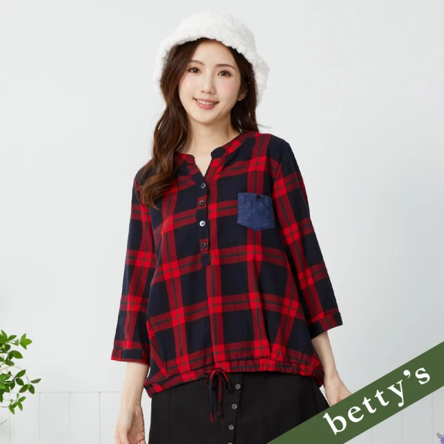 betty’s 貝蒂思 格紋V領開襟七分袖上衣(紅色)