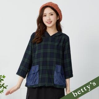 【betty’s 貝蒂思】牛仔口袋拼接格紋連帽七分袖上衣(綠色)