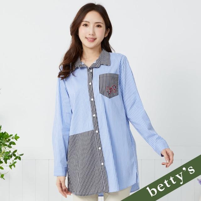 【betty’s 貝蒂思】細條紋撞色後綁帶長版襯衫(深藍)