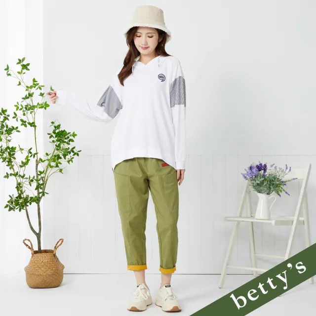 【betty’s 貝蒂思】出清品  逗號刺繡條紋拼接連帽T-shirt(白色)