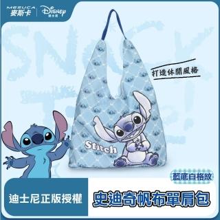 【Disney 迪士尼】正版授權-MESUCA麥斯卡 史迪奇帆布單肩包-底白格紋(購物包、手提袋、超大容量