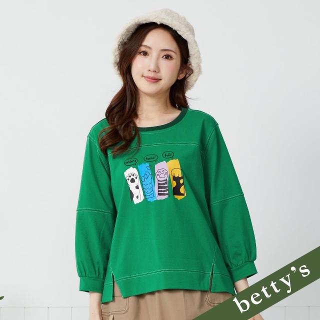 【betty’s 貝蒂思】貓掌印花壓線圓領七分袖T-shirt(綠色)