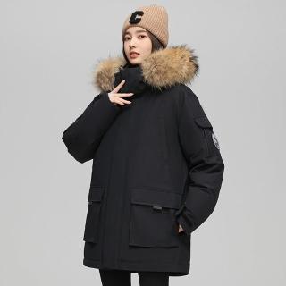 【米蘭精品】現貨+預購 真羽絨90%鴨絨羽絨外套羽絨衣夾克(保暖連帽毛領工裝男女外套2色74it29)