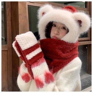【HaNA 梨花】暖到爆又可可愛愛．安哥拉紅小熊一體毛帽圍巾一體式保暖護耳防風