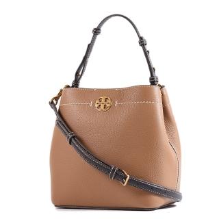 【TORY BURCH】荔枝紋磁釦手提/斜背二用水桶包-棕色/小