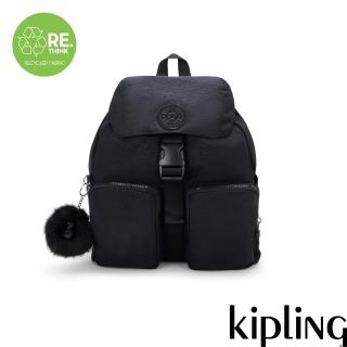 【KIPLING官方旗艦館】墨黑壓印大容量多袋收納後揹包-ALDINE
