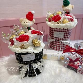 【喜滋滋花藝】高質感聖誕熊金莎巧克力聖誕花束(聖誕禮物/聖誕花束/交換禮物/金莎花束)