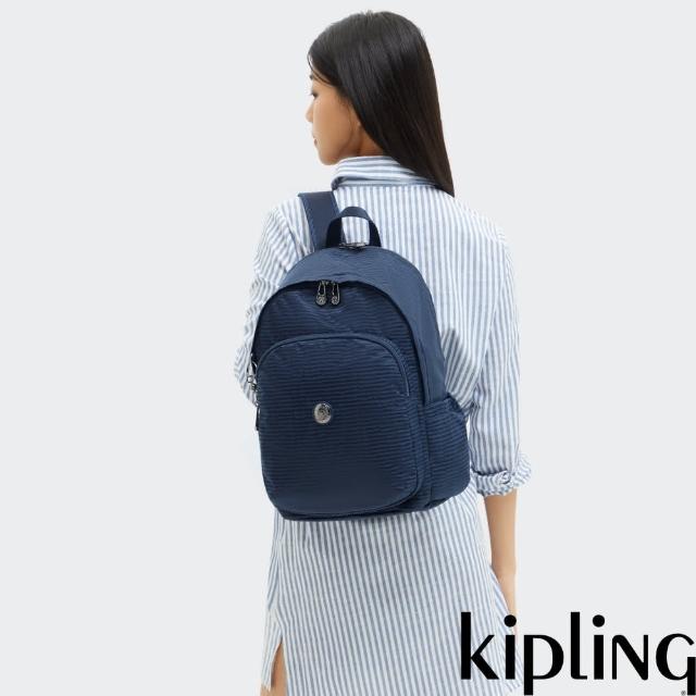 【KIPLING官方旗艦館】深藍提花時尚拉鍊大開口後背包-DELIA M