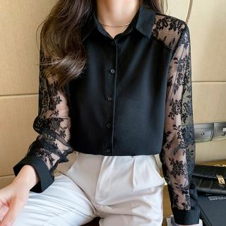 【MsMore】翻領蕾絲長袖雪紡襯衫百搭短版上衣#124200(白/黑/灰/粉/藍)