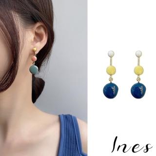 【INES】韓國設計幾何撞色滴釉圈圈造型夾式長耳環(2色任選 無耳洞耳環 耳夾 夾式耳環)