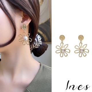 【INES】韓國設計時尚人像錢幣縷空珍珠花朵造型夾式耳環(無耳洞耳環 耳夾 夾式耳環)