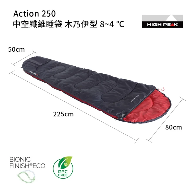 High Peak Action 250 中空纖維睡袋 木乃伊型 8~4 ℃ 1.15kg 黑(登山露營/睡袋/保暖/野營)