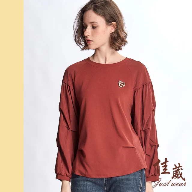 Just Wear 佳葳 時髦鑽飾棉質上衣(女上衣/女上著/長袖/修身/素色/拼接)