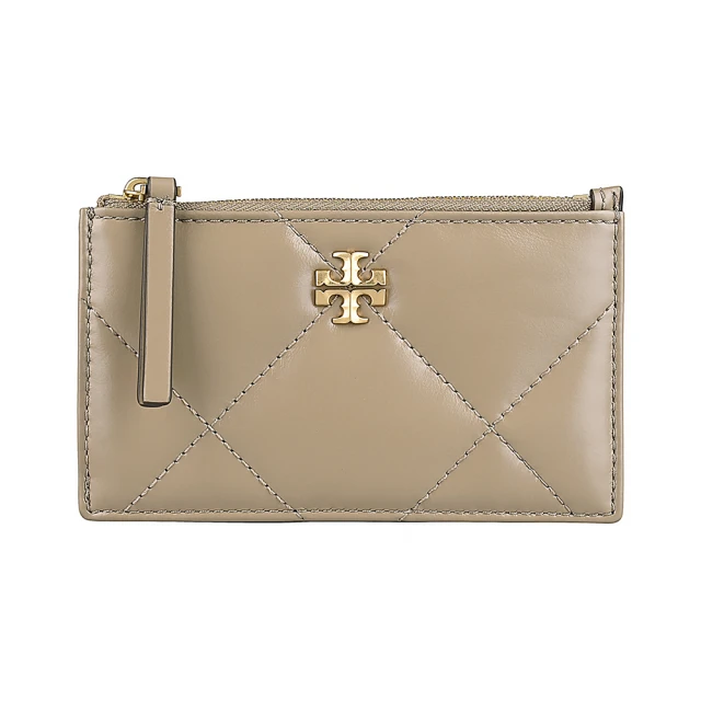 TORY BURCH TORY BURCH Kira立體古金字LOGO小牛皮菱格紋4卡拉鍊卡夾零錢包(灰褐)