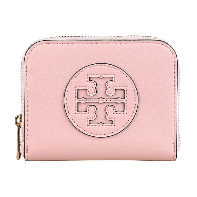 TORY BURCH TORY BURCH Ella Bio皮革圓形LOGO牛皮4卡拉鍊零錢包(小/腮粉紅)