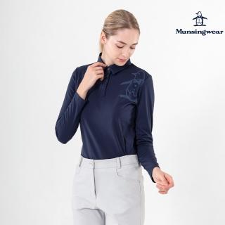 【Munsingwear】官方直營 企鵝牌 女款深藍色企鵝大LOGO印花長袖POLO衫 MLUT2B06