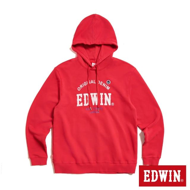 【EDWIN】男裝 大英文字徽章長袖連帽T恤(紅色)