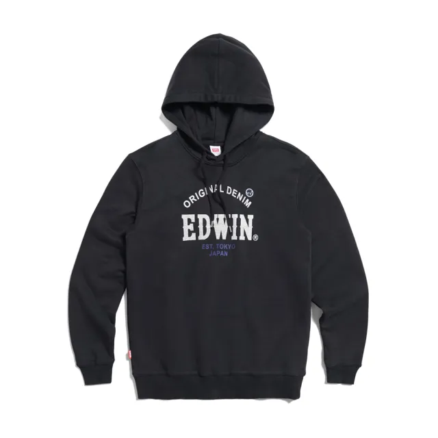 【EDWIN】男裝 大英文字徽章長袖連帽T恤(黑色)