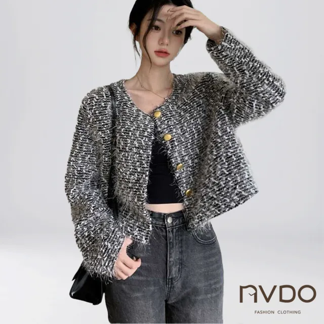 【NVDO】出清品   名媛風輕奢亮絲短版保暖外套(亮絲面料/針織外套/F066/秋冬款/售完不補)