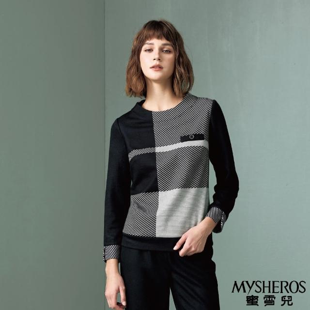MYSHEROS 蜜雪兒 刷毛造型上衣 斜線拼色 鈕釦飾假口袋 黑