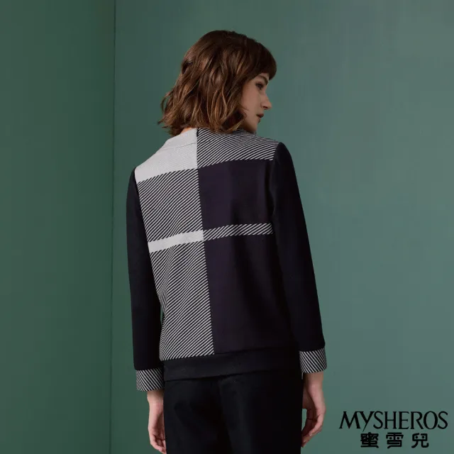 【MYSHEROS 蜜雪兒】刷毛造型上衣 斜線拼色 鈕釦飾假口袋(黑)