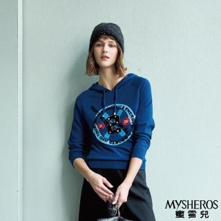 【MYSHEROS 蜜雪兒】羊毛混紡針織上衣 抽繩連帽 潮流字母造型(藍)