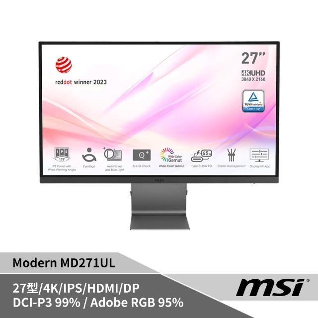 【MSI 微星】MSI微星 Modern MD271UL 27型商務螢幕顯示器(IPS/4K/DP+HDMI+Type-C/60Hz/防閃爍減藍光)