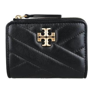 【TORY BURCH】TORY BURCH Kira經典雙T標誌V型紋絎縫納帕皮革扣式拉鍊零錢短夾(黑)