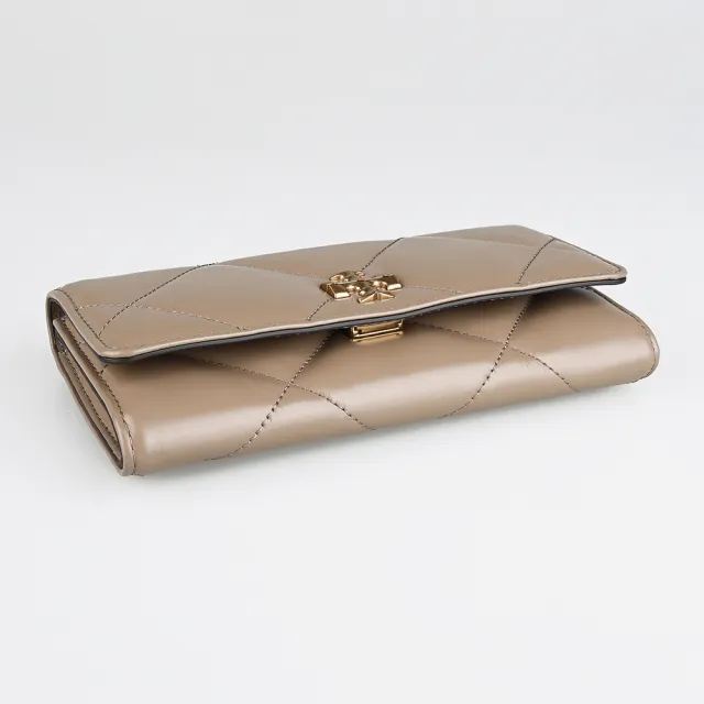 【TORY BURCH】TORY BURCH Kira經典雙T LOGO菱格絎縫皮革翻蓋磁吸扣式長夾(灰褐)