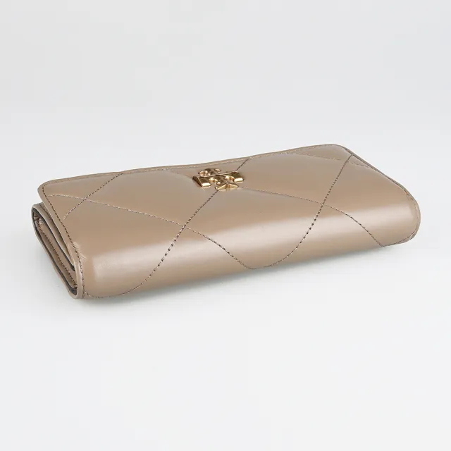 【TORY BURCH】TORY BURCH Kira經典雙T LOGO菱格絎縫皮革翻蓋磁吸扣式長夾(灰褐)