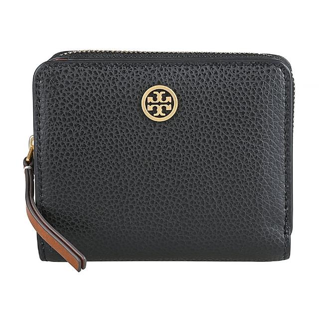 【TORY BURCH】TORY BURCH Robinson金屬黃銅字LOGO牛皮拼色設計6卡壓釦式零錢短夾(黑x多色)