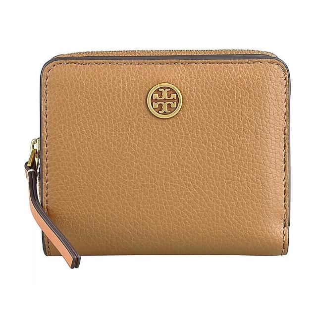 【TORY BURCH】TORY BURCH Robinson金屬黃銅LOGO牛皮拼色設計6卡壓釦式零錢短夾(棕x多色)