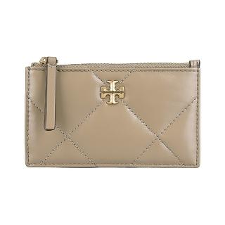 【TORY BURCH】TORY BURCH Kira立體古金字LOGO小牛皮菱格紋4卡拉鍊卡夾零錢包(灰褐)
