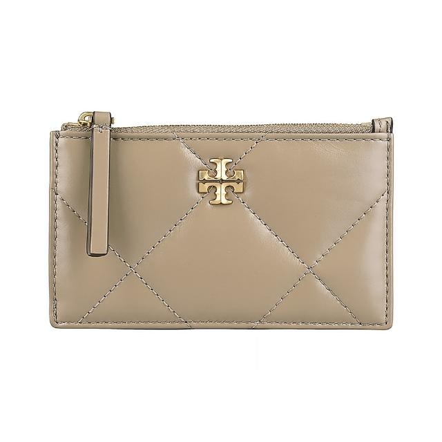 【TORY BURCH】TORY BURCH Kira立體古金字LOGO小牛皮菱格紋4卡拉鍊卡夾零錢包(灰褐)