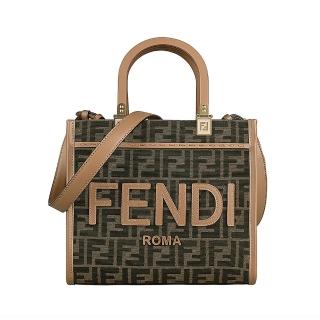 【FENDI 芬迪】FENDI Sunshine簍空皮標LOGO縫線設計滿版緹花布拼牛皮手提斜揹包(小/咖啡x棕)