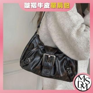 【MDMS】皺褶牛皮單肩包 復古手提包 懷舊復古金屬扣包 時尚百搭腋下包 仿舊水餃包 B164
