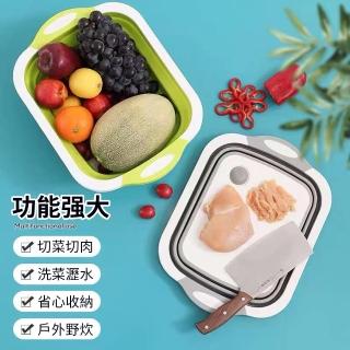 【Homeco】三合一多功能折疊攜帶式砧板洗菜籃(大容量 瀝水盆 濾水籃 切菜板 水果籃 洗臉盆 洗菜盆 露營)