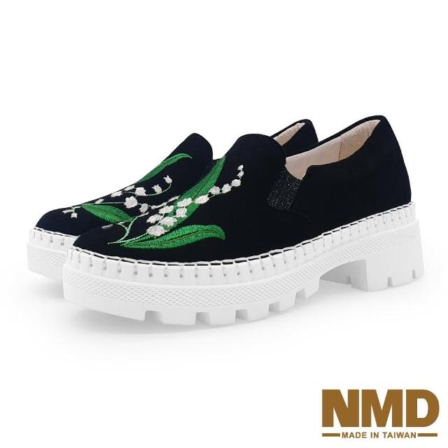 Normady 諾曼地 女鞋 +6cm 休閒懶人鞋 MIT台灣製 真皮鞋 花卉刺繡磁石厚底內增高氣墊球囊跟鞋 石墨黑