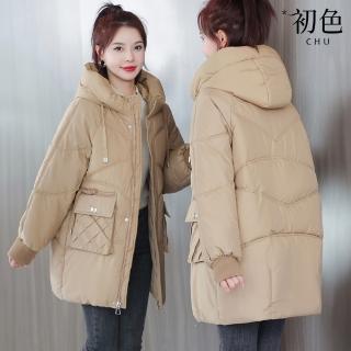 【初色】純色中長款拼接拉鍊口袋長袖插肩袖連帽厚棉衣外套女外套-共4色-39182(M-3XL可選)